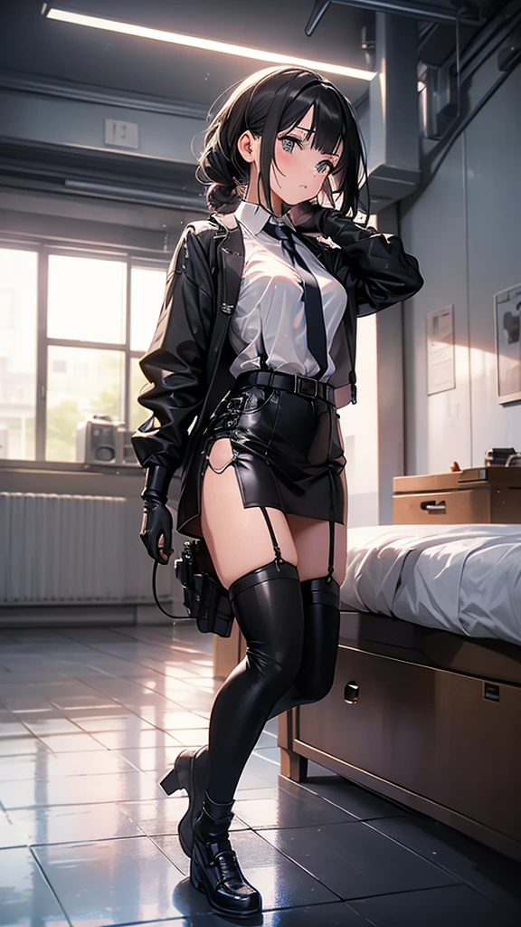 Girl, short black hair, (black gas mask), violet eyes, black jacket, short black skirt, black boots, black stockings, black gloves.