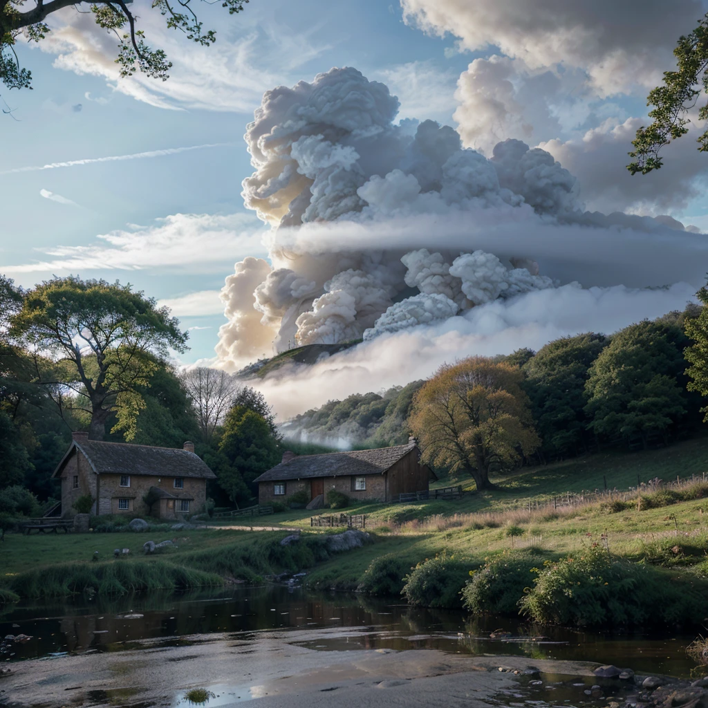 Beautiful countryside oak framed cottage nestling at the edge of the woods, misty meadow, cold blue sky, babbling brook with small bridge in foreground, smoke coming from brick chimney stack