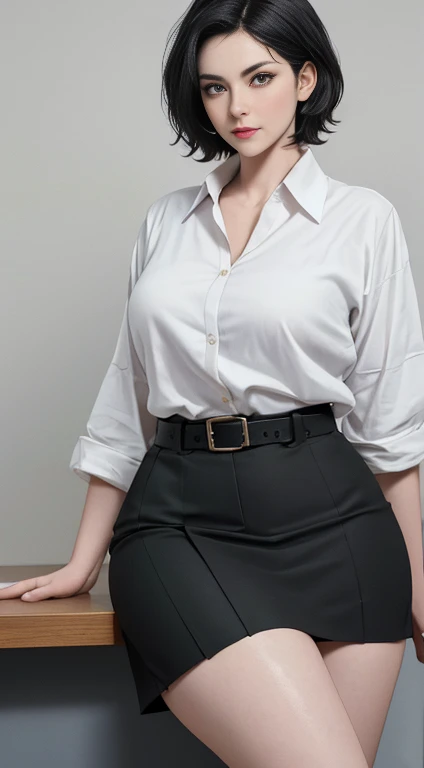 1 mature woman, short black hair, neatly combed hair, green eyes, thin lips, round face, wearing a university professor's lab coat, white t-shirt, waist belt, knee-length executive skirt, high heels, blackboard and professor's desk background, serious and elegant expression, big breasts, wide hips, thick thighs,(best quality,4k,8k,highres,masterpiece:1.2),ultra-detailed,(realistic,photorealistic,photo-realistic:1.37),portrait,studio lighting,sharp focus,professionally shot,vivid colors,chiaroscuro lighting