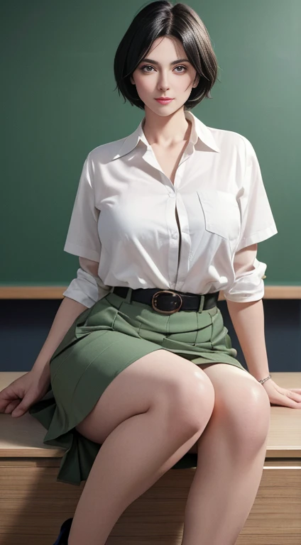 1 mature woman, short black hair, neatly combed hair, green eyes, thin lips, round face, wearing a university professor's lab coat, white t-shirt, waist belt, knee-length executive skirt, high heels, blackboard and professor's desk background, serious and elegant expression, big breasts, wide hips, thick thighs,(best quality,4k,8k,highres,masterpiece:1.2),ultra-detailed,(realistic,photorealistic,photo-realistic:1.37),portrait,studio lighting,sharp focus,professionally shot,vivid colors,chiaroscuro lighting