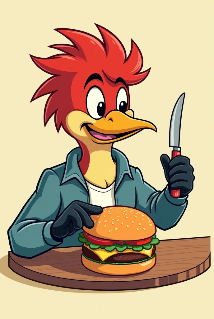 Cartoon drawing of <lora:woodyWoodpecker_v02:0.7> eating pizza holding a fork in his hand sitting in a restaurant, happy, cartoon, 2d, beak, daytime, rugged clothes