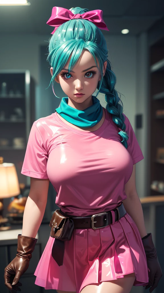 (realistic 1.5, 32k, RAW photo:1.1), (high detailed skin:1.1), 8k uhd, dslr, high quality, film grain, (makeup, mascara:1.1), lips,(thick\lips\), 
(shiny glossy translucent clothing:1.1), dragon ball, blmpony, aqua hair, hair ribbon, braided ponytail, pink shirt, belt, scarf, pink skirt, clothes writing, brown gloves,, big breast, 
(looking at viewer, Bend forward:1.1),(volumetric lighting:1.1),dark theme, veil of illusions, shimmering illusions, shifting reality, realm of tricksters