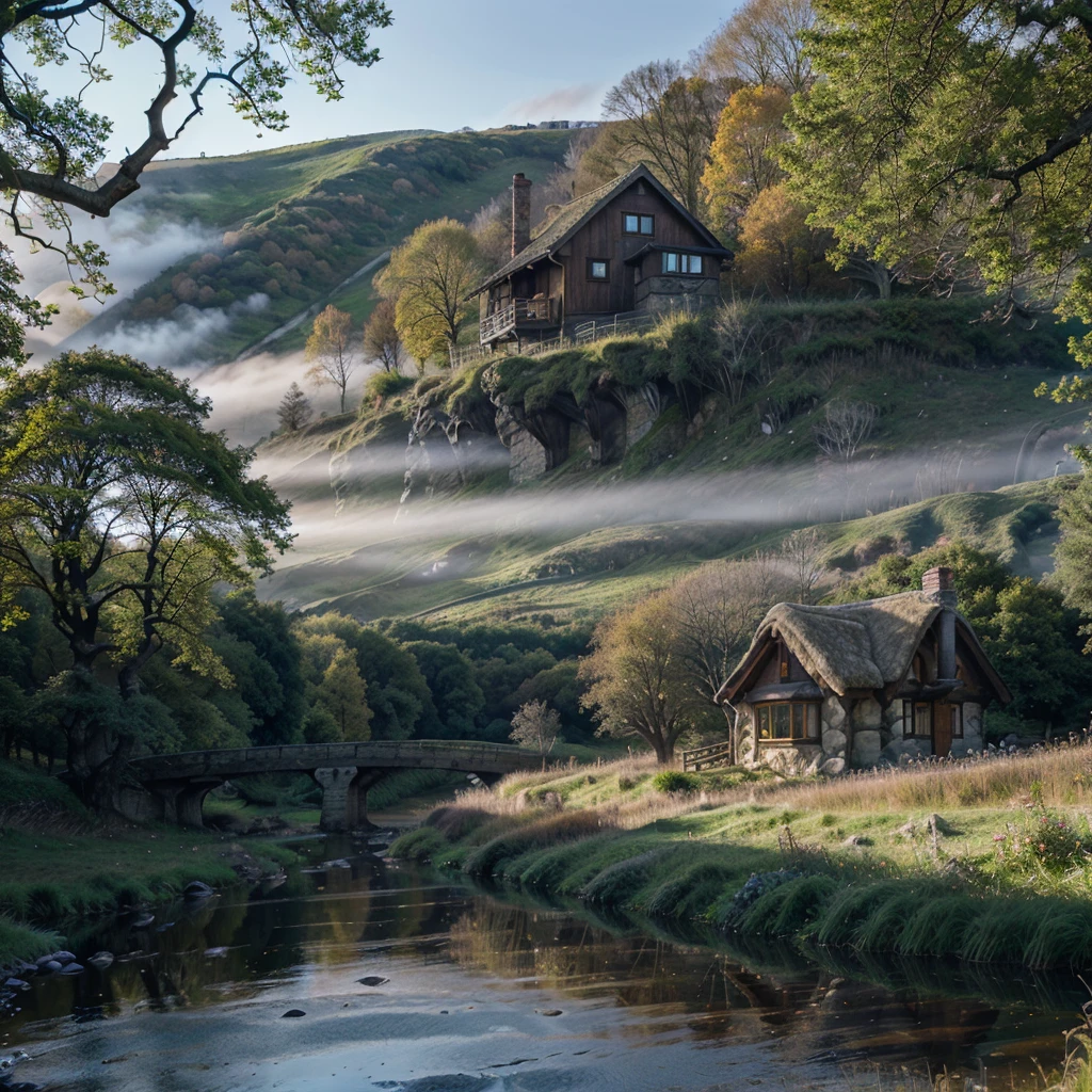 Beautiful countryside oak framed cottage nestling at the edge of the woods, misty meadow, cold blue sky, babbling brook with small bridge in foreground, brick chimney stack, birds, hills in background