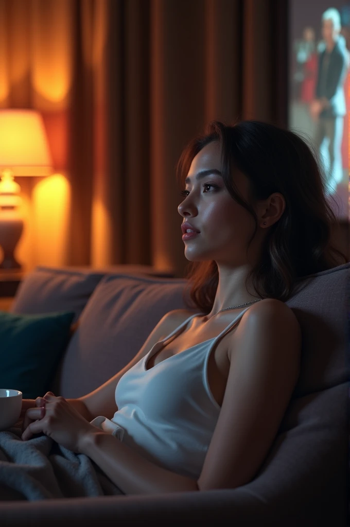 beautiful 17yo girl,laying on couch,feet in air,watching movie,full shot,wearing bra and panties,(best quality,4k,8k,highres,masterpiece:1.2),ultra-detailed,(realistic,photorealistic,photo-realistic:1.37),delicate facial features,beautiful detailed eyes,beautiful detailed lips,extremely detailed face,long eyelashes,natural skin texture,soft lighting,warm color tones,cinematic composition,highly detailed,detailed background