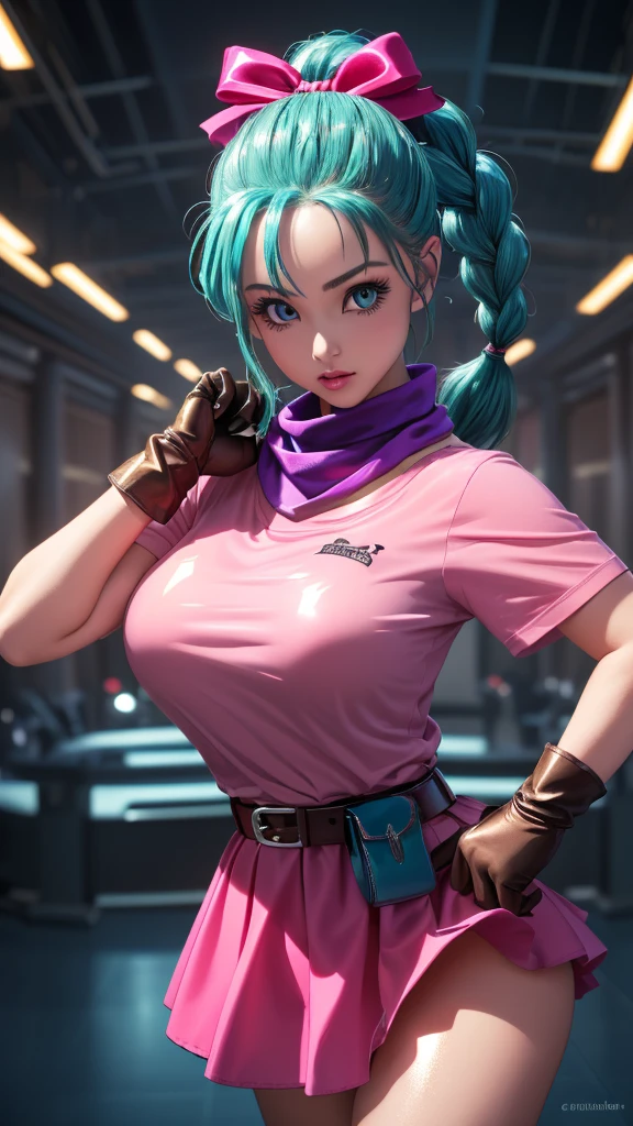 (realistic 1.5, 32k, RAW photo:1.1), (high detailed skin:1.1), 8k uhd, dslr, high quality, film grain, (makeup, mascara:1.1), lips,(thick\lips\), 
(shiny glossy translucent clothing:1.1), dragon ball, blmpony, aqua hair, hair ribbon, braided ponytail, pink shirt, belt, scarf, pink skirt, clothes writing, brown gloves,, big breast, 
(looking at viewer, Bend forward:1.1),(volumetric lighting:1.1),dark theme, veil of illusions, shimmering illusions, shifting reality, realm of tricksters