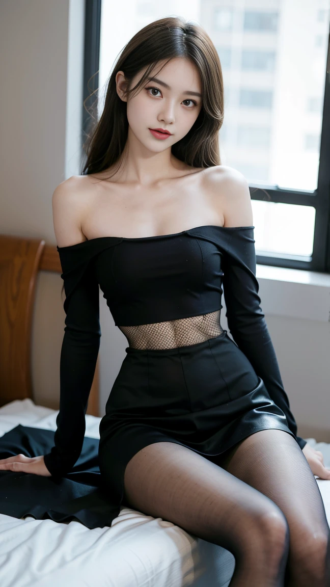 G-cup,In black suit,Reveal a little,Brown hip skirt,Superskirt,A-line skirt,He wears black pantyhose on his legs,high-heels,Wearing glasses,Sit on the couch in the office,Mobile phone in hand,The beauty of mixed races,huge size eyes,Very white skin,lips in red,with sexy look,being thin,Very skinny,legs separated,Smooth skin,The face is a little rosy,Lips slightly open,There is a little white milk stain at the corner of the mouth