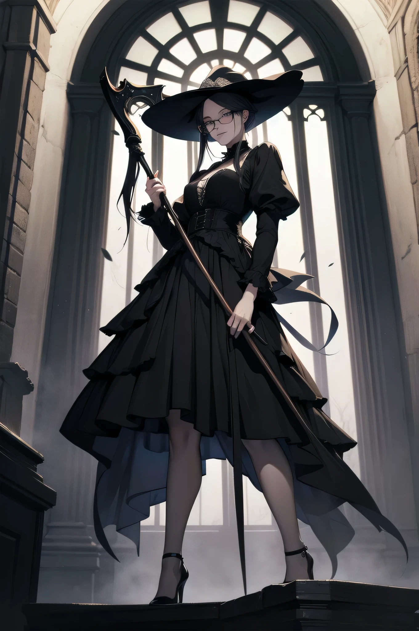 beautiful girl、cute、、smile、Glasses、Long skirt、Black pumps、Magic wand、Magic Broom、witch、beautiful girl、(Best Quality,4K,High resolution,Masterpiece 1.2),Very detailed,Real 1.37,Spooky altar background,Dark fantasy,Black color scheme,Ominous atmosphere,Eye-catching,Storytelling,anatomy,Anime Style,Concept Art,Inappropriate behavior,Scythe Face,beautiful, Delicate facial features, pale Skin, Dark Background、Dark Background, Cinema Lighting, Dramatic Shadows, Gothic, Gloomy atmosphere, Dark fantasy, One person'S, Red cheeks, ,(Blood splatter 1.3),Scary smile, smile,Angel Design, TwiSted smile、Bloody,(Blood splatter 1.3),skull,Horror Style, ((Fantasy Sweet Ta Frill Black Costume)), ((Flowing Black Hair)), Female Curves, Sexy flat stomach, Perfect hands, Perfect anime character face, (Black Dress)), Standing, ((Evil smile)), ,(Dark fantasy1.3), Steam circulation, Moonlight Illumination, night lighting, (Blood splatter 1.3),Anime Angel Design, Gothic Gothicarchitecture、architecture、Western architecture、Fantasy World、,Victorian city, Skeleton Gas Light,Absurd, High resolution、 ((Tabletop)), ((Best Quality)), (Very detailedな), ((Very detailed)), (beautiful), ((cute)), (Nafswa 1.8), one person,(1.6)、beautiful face、Full Body Ezbian、pale, Beautiful skin、Big Breasts、Beautiful black hair、Long Hair、Smile gently、Dark building ruins、(snow white'Frill dress 1.3)、(The dark ruins are Bloody 1.3)、Low angle full body shot、(Glasses 1.2)、(Creepy 1.3)、(The girl lost a lot of blood..........1.3)、(crazy smile1.6)、Spirits、(Blood dripping from the mouth 1.3)、(Glasses 1.5)、Wearing Glasses、Droopy eyes、Glasses、Gothic Dress、bangs, Long Hair, Black Hair、Dark fantasy background