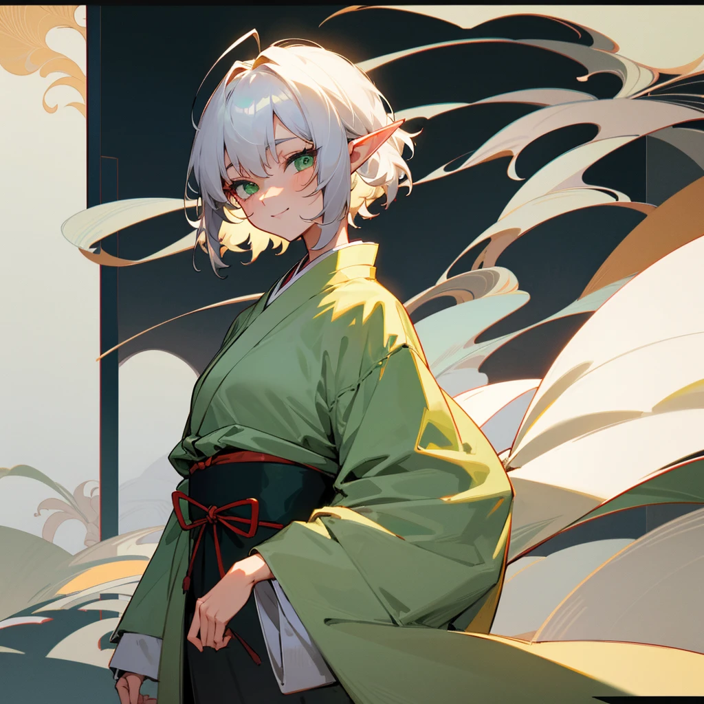 elf, female, silver hair,short hair, medium cut, ahoge, curly hair, green eyes,slender, fair skin, japanese female kimono, cool mild Smile, big ribbon on the back of the head, japanese Hotel, japanese doorman, annoyance