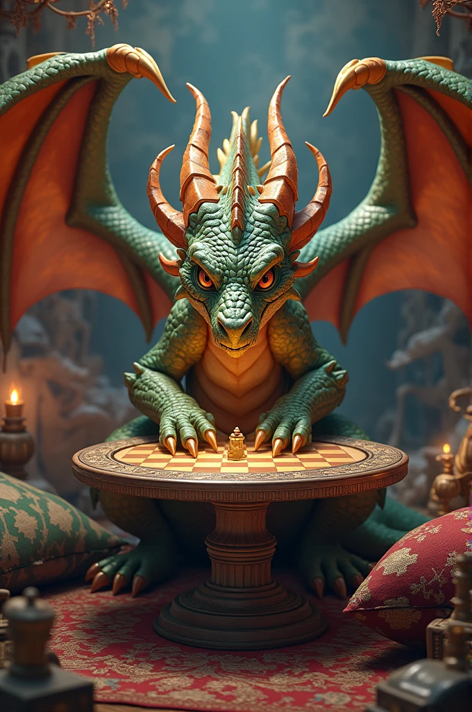 Asian dragon playing chess, estilo desenho