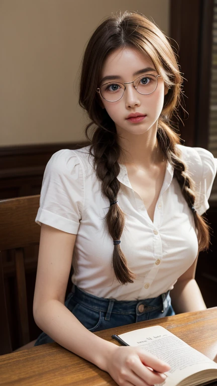 alone, 1 girl, masterpiece, The best, Extremely detailed, movie lighting, intricate details, High resolution, official art, Exquisite and beautiful face and eyes, High resolution插圖, 【8k, dark intense shadow, overexposure, [blond/brown hair], single braid, blue eyes, Glasses, [complacent, Sit in a chair, Upper Body, Large Breasts, white shirt, Yellow suspenders, book_stack, 圖book館, (([Vines)), [Fragrant Rose, looking at the audience