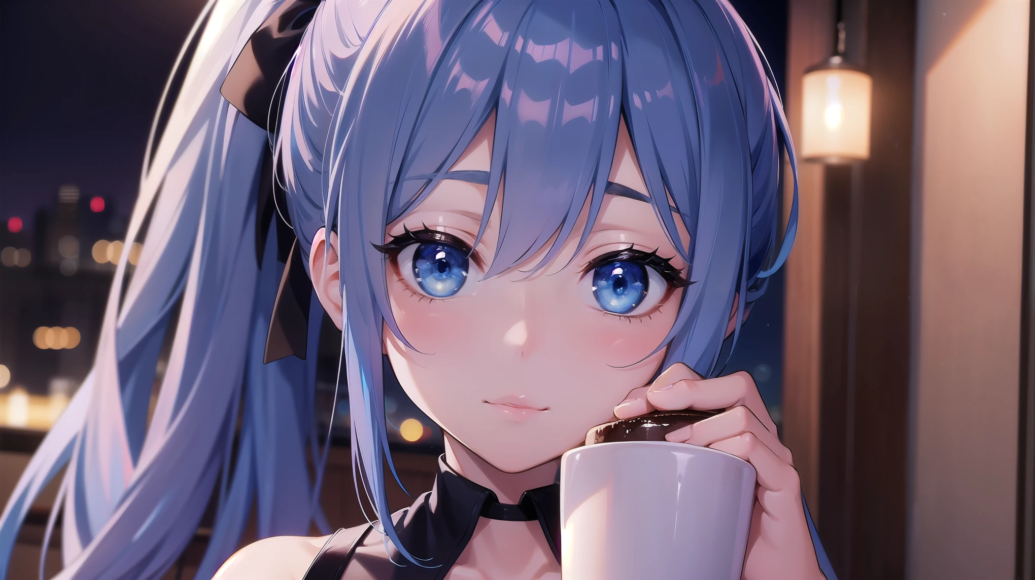 Oriental Project, Remilia Scarlet holding a tea saucer in her left hand, blue light blue hair, holding a teacup filled with black tea in her right hand, sitting on a white chair, warm lighting, blurred foreground, cute, loli, anime, 4k, blue tone, with demon wings, shower cap, masterpiece