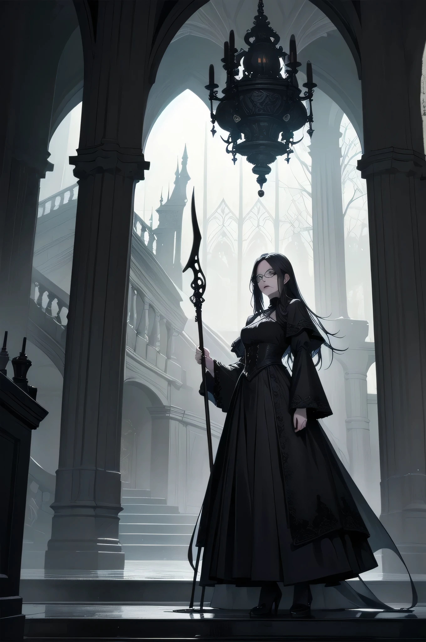 beautiful girl、cute、baby face、smile、Glasses、Long skirt、Black pumps、Magic wand、Magic Broom、witch、beautiful girl、(Best Quality,4K,High resolution,Masterpiece 1.2),Very detailed,Real 1.37,Spooky altar background,Dark fantasy,Black color scheme,Ominous atmosphere,Eye-catching,Storytelling,anatomy,Anime Style,Concept Art,Inappropriate behavior,Scythe Face,beautiful, Delicate facial features, pale Skin, Dark Background、Dark Background, Cinema Lighting, Dramatic Shadows, Gothic, Gloomy atmosphere, Dark fantasy, One person&#39;S, Red cheeks, ,(Blood splatter 1.3),Scary smile, smile,Angel Design, TwiSted smile、Bloody,(Blood splatter 1.3),skull,Horror Style, ((Fantasy Sweet Ta Frill Black Costume)), ((Flowing Black Hair)), Female Curves, Sexy flat stomach, Perfect hands, Perfect anime character face, (Black Dress)), Standing, ((Evil smile)), ,(Dark fantasy1.3), Steam circulation, Moonlight Illumination, night lighting, (Blood splatter 1.3),Anime Angel Design, Gothic Gothicarchitecture、architecture、Western architecture、Fantasy World、,Victorian city, Skeleton Gas Light,Absurd, High resolution、 ((Tabletop)), ((Best Quality)), (Very detailedな), ((Very detailed)), (beautiful), ((cute)), (Nafswa 1.8), one person,(1.6)、beautiful face、Full Body Ezbian、pale, Beautiful skin、Big Breasts、Beautiful black hair、Long Hair、Smile gently、Dark building ruins、(snow white&#39;Frill dress 1.3)、(The dark ruins are Bloody 1.3)、Low angle full body shot、(Glasses 1.2)、(Creepy 1.3)、(The girl lost a lot of blood..........1.3)、(crazy smile1.6)、Spirits、(Blood dripping from the mouth 1.3)、（Glasses 1.5）、Wearing Glasses、Droopy eyes、Glasses、Gothic Dress、bangs, Long Hair, Black Hair、Dark fantasy background