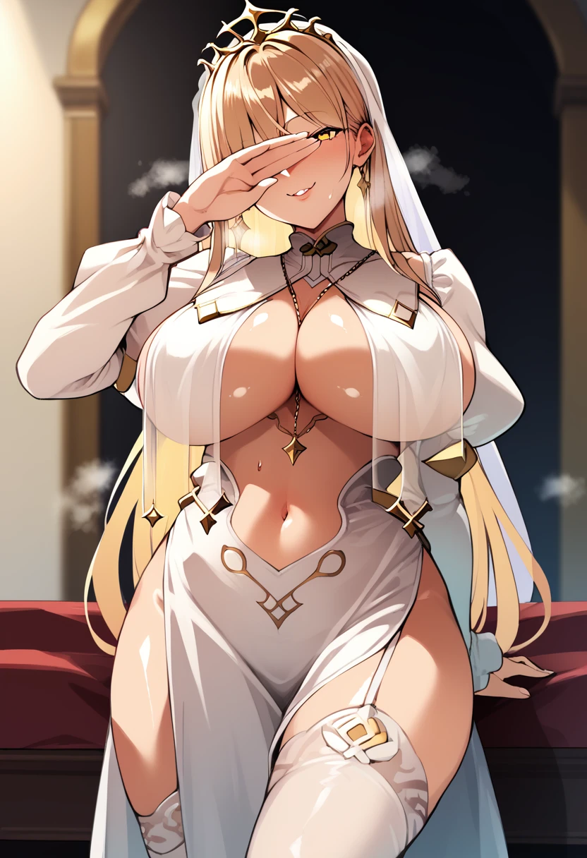 score_9, score_8_up, score_7_up, , rating_explisit ,1girl ,covering eyes, straight hair, yellow eyes, white veil, gold tiara, jewelry, white dress, long dress, center opening, between breasts, see-through breast curtain, juliet sleeves, underboob, clothing cutout, navel cutout, pelvic curtain, garter strap, lace white thighhighs, white high heels, indoors, source_anime,  cowboy shot, abstract, spotlight, alluring,  shiny skin, in heat, steaming body ,  naughty face,