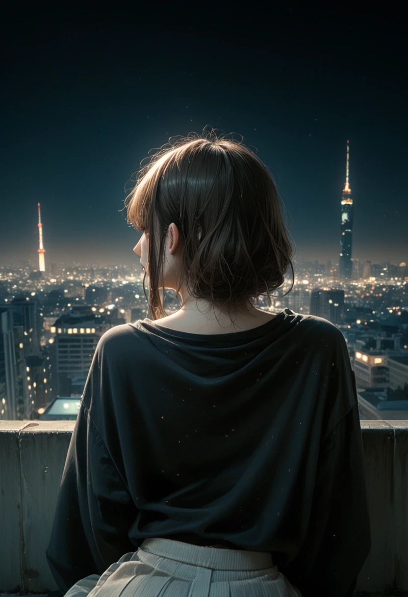 girl in black top sits on edge of skyscraper, from Studio Ghibli, Cityscape, detailed illustration, official art, in kawashi style, graceful movements, nocturne, compiled, HD wallpapers