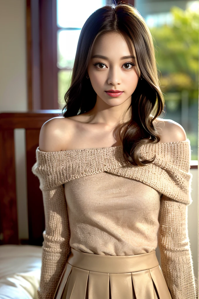 Half-length glamour portrait, nikon D850, f1.6 lens, 200mm, DSLR, 22 Megapixels, (((Rooftop terrace at night scene))), shot of a stunning 19 years old korean girl, (smile:1.4), (wearing light brown wool sweater with a tweed skirt:1.6), ((seductive pose)), hot girl, (((big natural breasts))), (((black fringe hair))), (small girl), symmetrical face, photorealistic, photography, (bright natural lighting), gorgeous, deep cleavage, (masterpiece), best quality, high resolution, extremely detailed, cinematic lighting, (((very narrow waist))), rich colors, hyper realistic, lifelike texture, ((jewelry)), (((She has beautiful hands and wears rings))), (bracelet), (necklace), (ankle chain), (nail polish) (earrings), Fuji Superia 200, 8k
