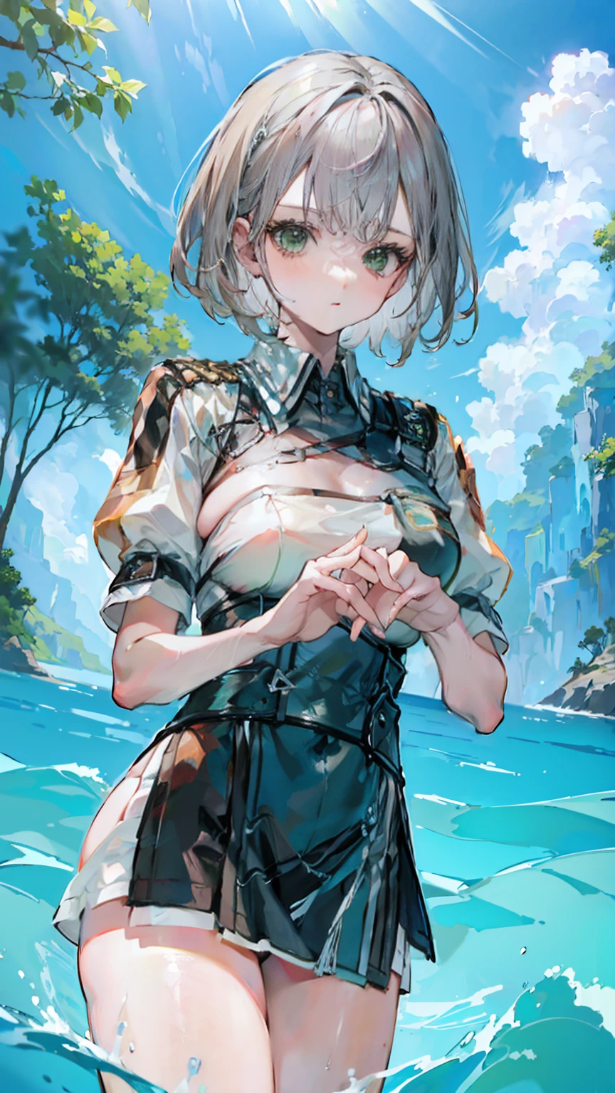 ultra high quality,masterpiece,(((uniform,hands_on_head))), Ashelia B'nargin Dalmasca/(FFXII),(((swimming in the water around the beach))),BREAK,(((silver_short_hair,matur_adult)))