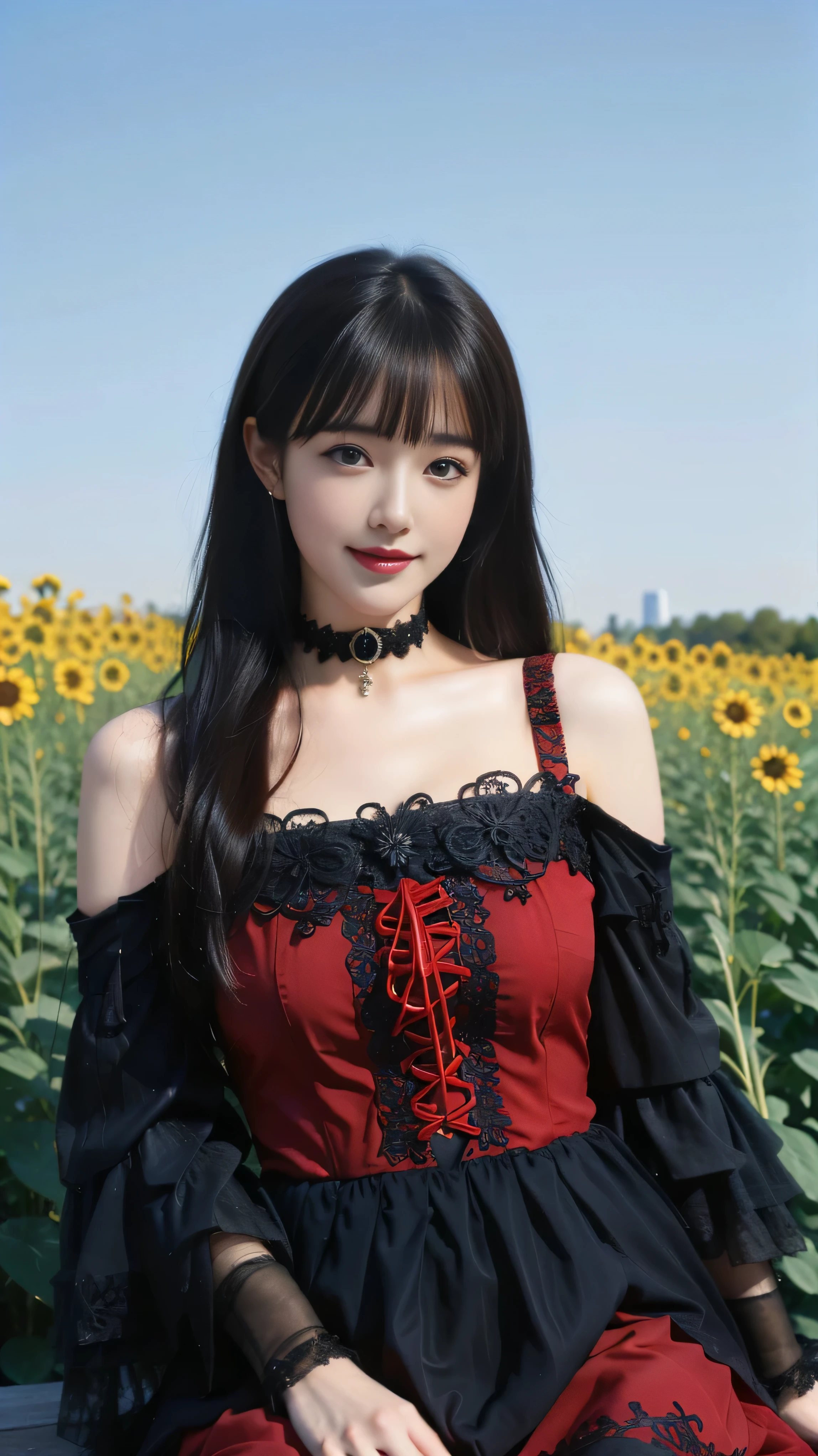 best quality, tmasterpiece,Ultra-high resolution,Clear face,(Reality:1.4),ferpect lighting,(upper body), (photorealistic:1.50), anime wallpaper, Guviz style artwork, cover-up fantasy up to magic , by Yang J, Guviz, beautiful artwork illustration, beautiful digital artwork, beautiful digital illustration, Li Song, beautiful anime portrait, art style in Beauvot, 1girl, solo, cowboy shot, (sitting), long black hair, straight hair, blunt bangs, looking at viewer, smiling, lo dress, Gothic, separate sleeves, choker, long sleeves, wide sleeves, hair ornament, (outdoor:1.3), (garden), Sunflower, (Flower Field:1.3),