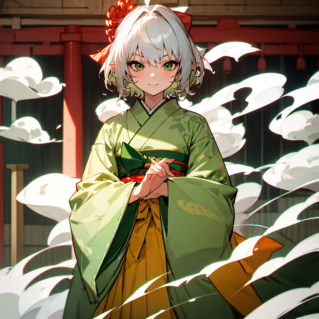 elf, female, silver hair,short hair, medium cut, ahoge, curly hair, green eyes,slender, fair skin, japanese female kimono,  hair Green bow, cool mild Smile, japanese Hotel, japanese doorman, annoyance