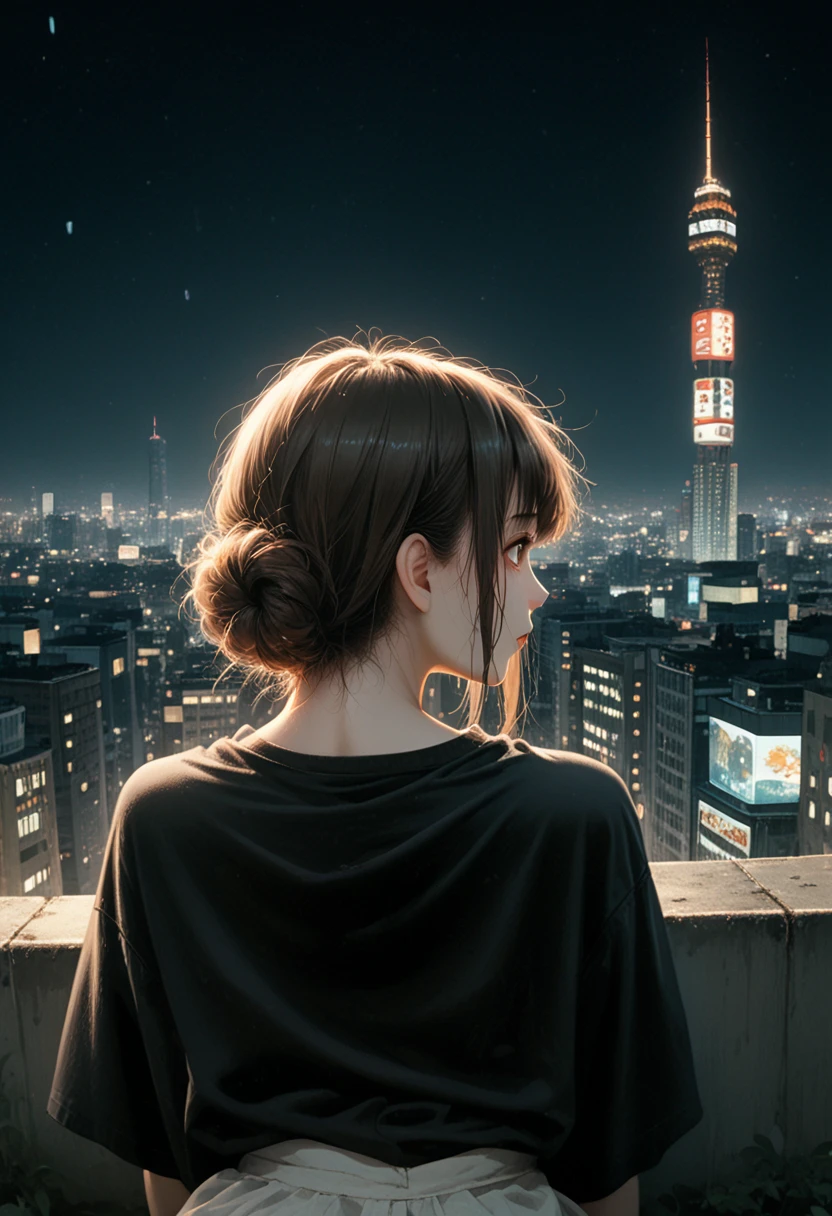 girl in black top sits on edge of skyscraper, from Studio Ghibli, Cityscape, detailed illustration, official art, in kawashi style, graceful movements, nocturne, compiled, HD wallpapers