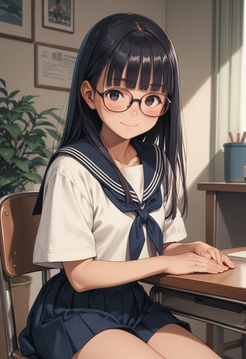 colorPencil,tall,tareme,Japanese,long hair,blunt bangs,black eyes,small breasts,Glasses,dark blue sailor collar,white sailor shirt,blush,light smile,sitting on chair,room