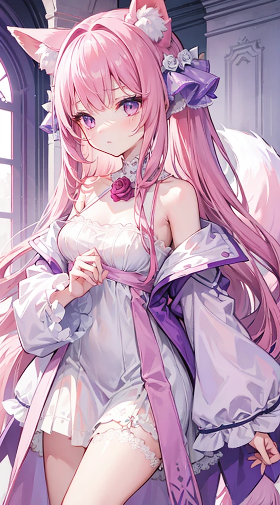 Pink Long Hair,Purple eye,Rose hairstyle,Loose hair curtains,White puffy dress,Off-the-shoulder slip dress,Long sleeves,,white stockings,girl,The figure is good