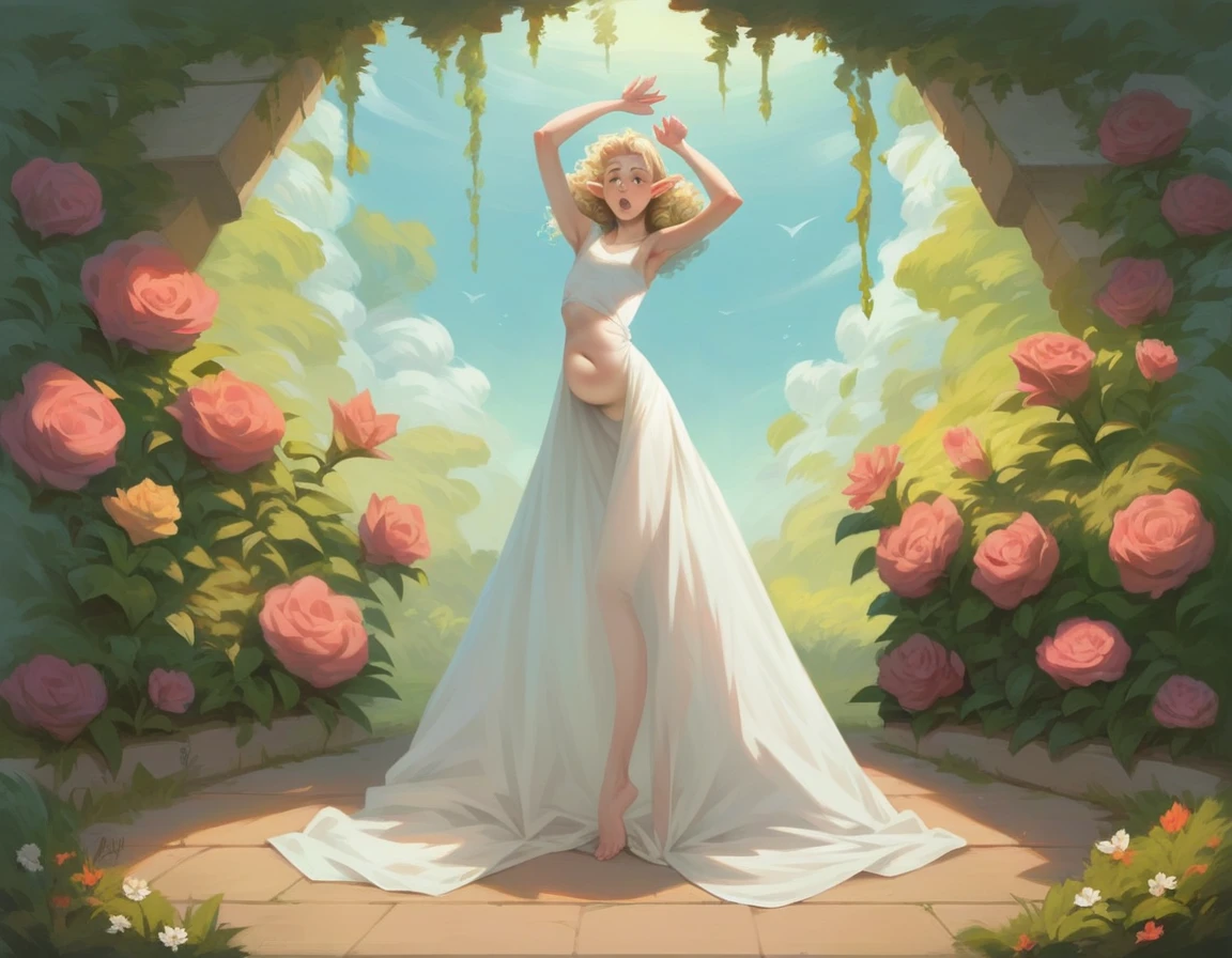 SFW, Best Quality, High resolution, 1girl in, Full body, Details Girl, detail hands, Detail fingers, Detail Face, detail 1girl in, elf, Looking down, Flower Garden, pale skin, ((very skinny), Blonde hair,, curly Hair, , undersized sundress, (tall torso) () (undressing), shocked emotions, transparent dress, , (soft chubby belly:1.3), perfect lighting, cinematic composition, highly detailed, photorealistic, 8k, best quality, masterpiece,