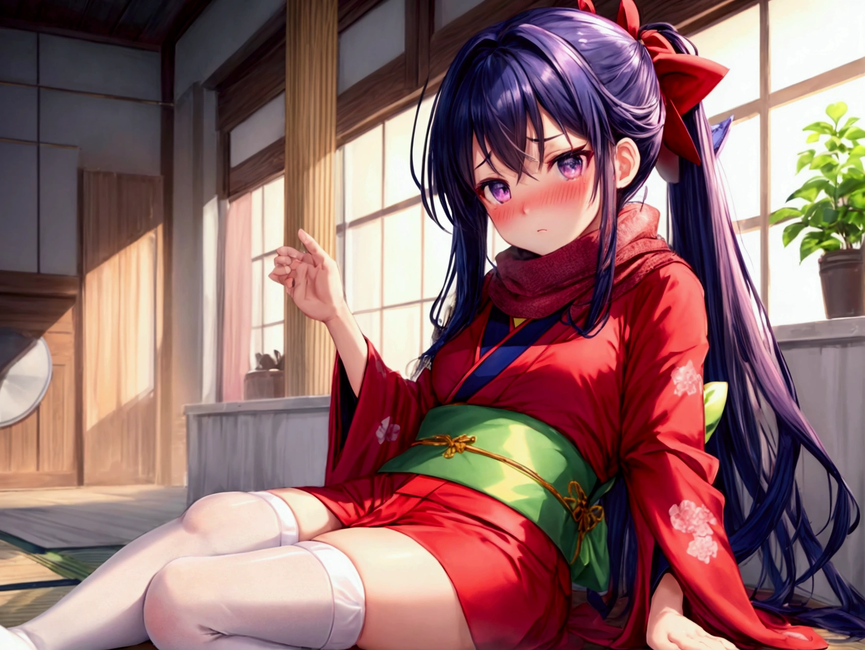 score_9, score_8_up, score_7_up, score_6_up, score_5_up, score_4_up, 1girl, petite girl wearing Nezuko_Kamado cosplay, pink kimono, dark sash with thighhighs, standing, arched back, living room, sofa, <lora:Nezuko_Kamado_Cosplay:1>