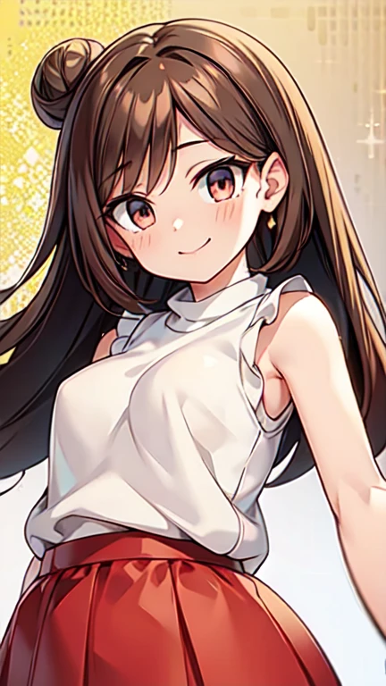 １People Women、Keep your head small、(Brown hair single bun、Smooth beautiful brown hair、Reflective, clear brown eyes、Large, narrow eyes、Slightly chubby、Small breasts、buttocks are small)、Teasing Smile、
Let's think step by step,Best Quality、masterpiece、 Ultra-high resolution、 8k、Show anime style 、Soft Line Art、Digital Enhancement、 shojo anime touch, shojo manga core, Flowing fabric、Soft Drawing、 Ultra-detailed digital anime art、 Clear facial depiction、Super detailed shojo manga character art、 Ultra-detailed manga style、 Best Qualityの色、
((Sleeveless white summer sweater。A long red skirt))