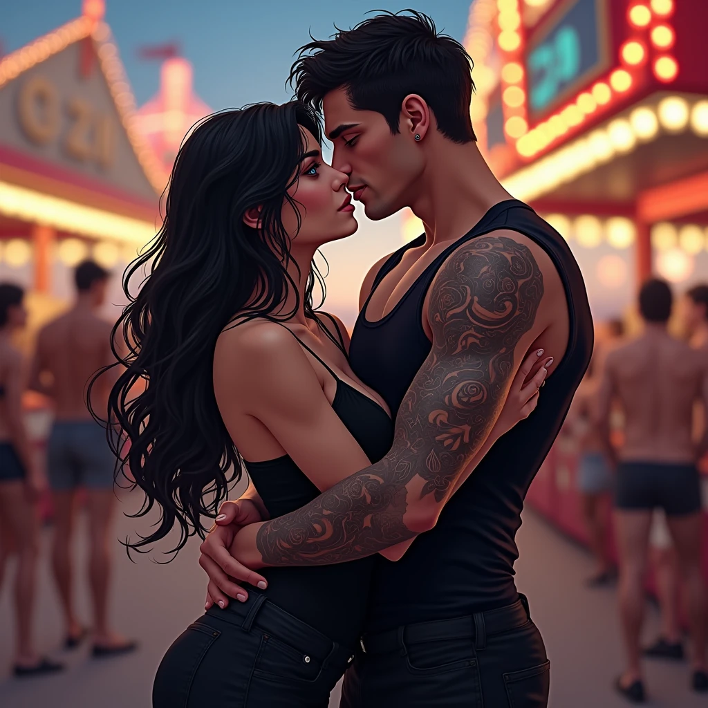 cartoon style more cyberpunk Man and woman in hot erotic scene, suggestive, em um shopping, pop art, neo noir, comic