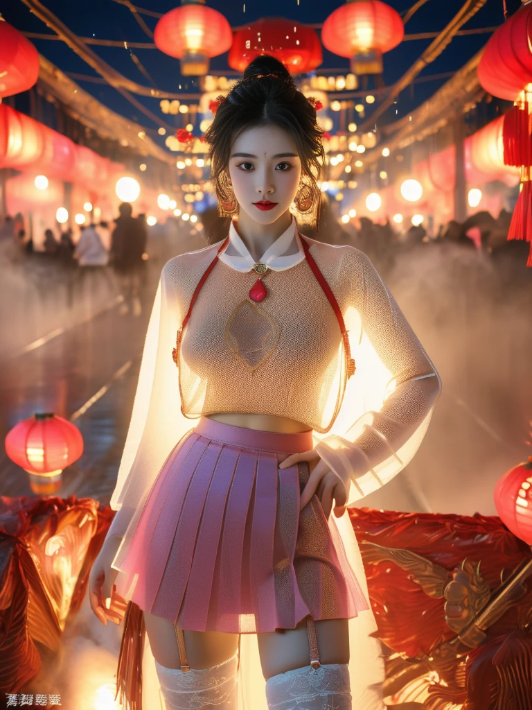 一个有着美丽脸庞的Sexy中国华裔女孩, Wearing revealing clothing, ((Light theme, Expose the subject))
(((Heavy rain, Future City Hot Springs, Spring Festival Decorations))),
((8K Ultra HD, 8K, Ultra-high resolution, Best quality, Super Fine, Clear focus. Masterpieces, complete pattern, Ultra HD, Detailed photos, Best image quality，Ultra-clear，Delicate facial features，Well-defined, Highly rated works, Close-up depth of field photography, Above the knee)), 
((Creating the image of a real girl), Realistic shadows, Soft lighting, Dynamic Angle, Dynamic poses, Elegant Posture, Cowboy lens, Full body front view, Be confident, Facing the camera, Eyes looking towards camera lens, Standing posture, Open your legs slightly, Golden Ratio Graphics, Minimalism, Center the character), 
( Smile, Sexy的, Balanced Eyes, Realistic eyes, Beautiful details of the eyes,Pretty Face, (Realistic face), Normal facial features, Realistic skin, Pay attention to skin details, Skin is clean and radiant, Whitening, Anatomically correct body, Golden ratio figure, Sexy的身材), 
(Perfect makeup, Gloves, earrings, bracelet, necklace, Jewelry, Hair accessories, shawl, sock, Knee socks, 吊garter, Leg ring, garter, 腿部garter), 
((beautiful hair), Dark black hair, Wavy curly hairstyle, Waist-length hair, Messy Hairstyle, Gradient hairstyles, Cyberpunk Hairstyle, High double ponytail hairstyle), 
((Transparent clothes: 1.5), (Revealing clothes: 1.5),  (Wet clothes:1.0), (Color of clothes: Dreamy pink), Wearing transparent clothing, (((Strap panties under mesh skirt))), (((mesh T-shirt)))), 
(Sexy的, Perfect breast shape, Teardrop chest shape, Snow-white breasts, Very detailed breasts, 36B cups), 
(Super high waist, Deep V, Low-cut, Sexy, Flattering, Open crotch, (Camel toe, High fork strangulation))