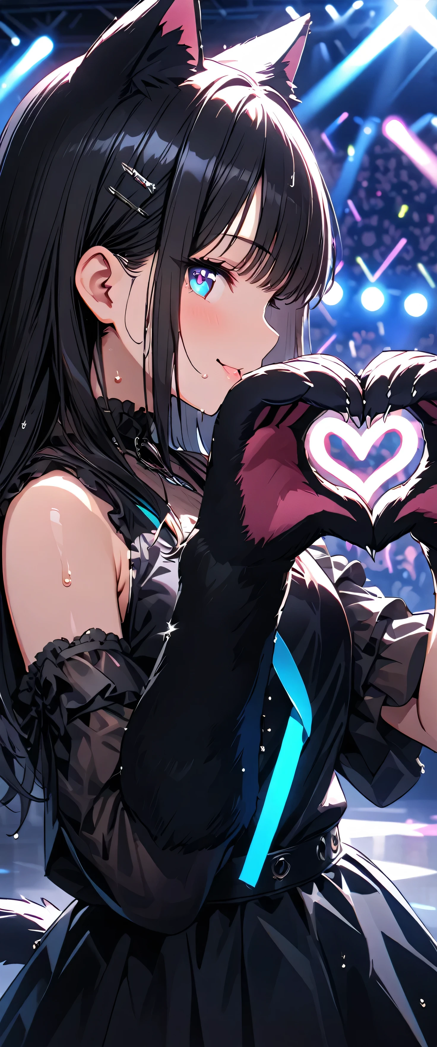 (beautiful girl: 1.3),1girl,masterpiece, Highest quality, Ultra-high resolution,rich contrast,super high quality,8k,Highly detailed CG unit wallpaper,texture,Incredibly absurd,Ultra-high resolution,RAW Photos,Depth of Field 1.2,(Black Hair,Straight Hair),Ultra-detailed eyes,Glowing Skin,wet,(((sweat))),Glitter effect,Beautiful glossy lips,Live Performance Venues,Super large stage,A light smile,(((heart hands))),(Blue glow stick),BLA4CKC4T,cat ears,animal ears,animal hands,tail,(profile:1.3)