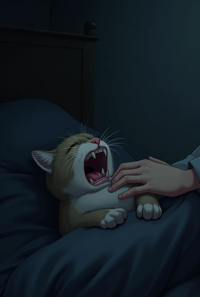 <lyco:catstretch-08:0.7> catstretch, open mouth, closed eyes, lying, no humans, animal, on side, cat, animal focus, yawning