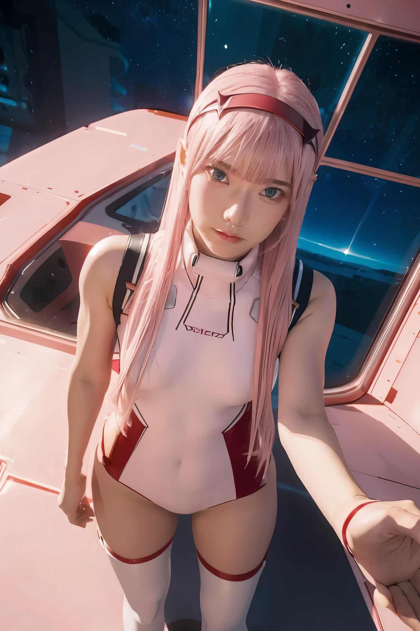 (Overhead view),dynamic angle,ultra-detailed, illustration, straight on, 1girl, ((Zero two, interface headband with a pair of horns, red bodysuit:1.4, pink hair)), Her eyes shone like dreamy stars,(glowing eyes:1.233),(beautiful and detailed eyes:1.1),(expressionless, closed mouth),(standing), (mechanic room with tools and spaceship window in a white SPACESHIP), (night:1.2), dreamy, [[delicate fingers and hands:0.55]::0.85],(detail fingers), smirk,