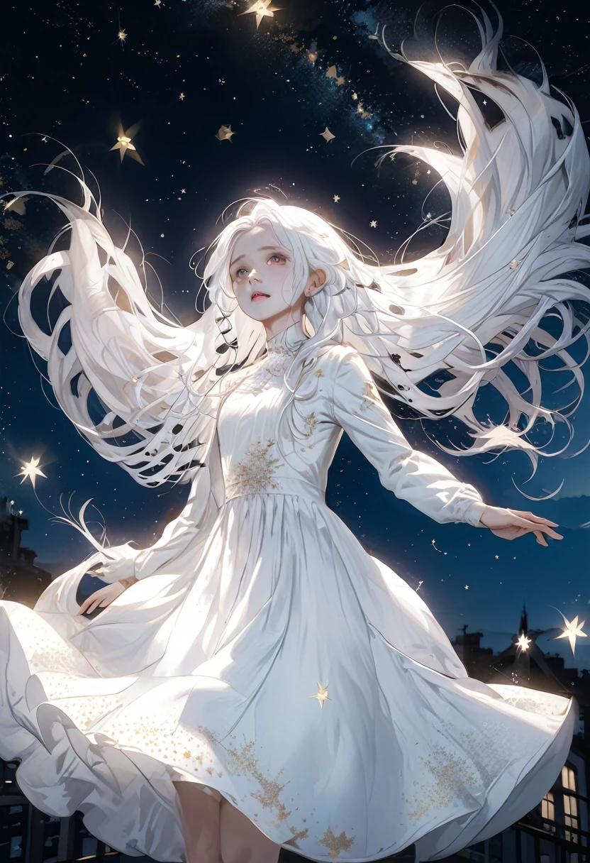 Best Quality，girl，Long white hair，White dress，Fleeting，Reaching for the sky，Starry Sky，Shooting Star