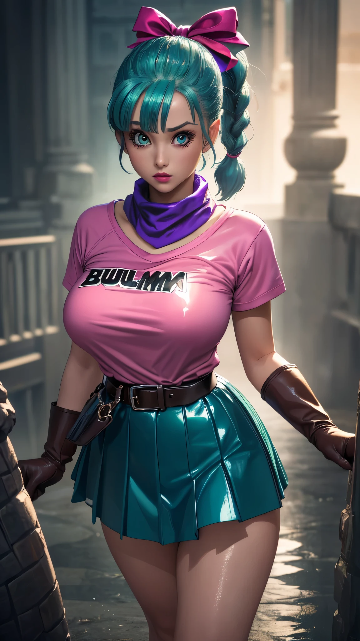 (realistic 1.5, 32k, RAW photo:1.1), (high detailed skin:1.1), 8k uhd, dslr, high quality, film grain, (makeup, mascara:1.1), lips,(thick\lips\), 
(shiny glossy translucent clothing:1.1), dragon ball Bulma, blmpony, aqua hair, hair ribbon, braided ponytail, pink shirt, belt, scarf, pink skirt, clothes writing, brown gloves,, big breast, 
(looking at viewer, Bend forward:1.1),(volumetric lighting:1.1),dark theme, veil of illusions, shimmering illusions, shifting reality, realm of tricksters