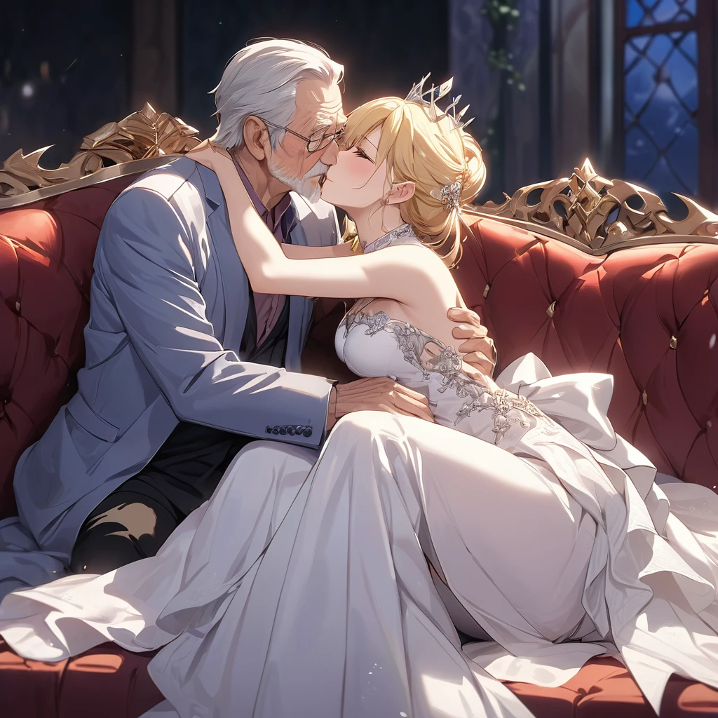 ((Best Quality)), ((masterpiece)), (detailed), （Perfect Face）、The woman is Seras Ashlain, a blonde elf queen wearing a gorgeous royal white dress, adorned with gorgeous jewelry and an engagement ring.、On a large, luxurious sofa, a woman and an elderly man are embracing each other, embracing each other as they make love.、The old man is the king、The woman only thinks about having sex with her husband.