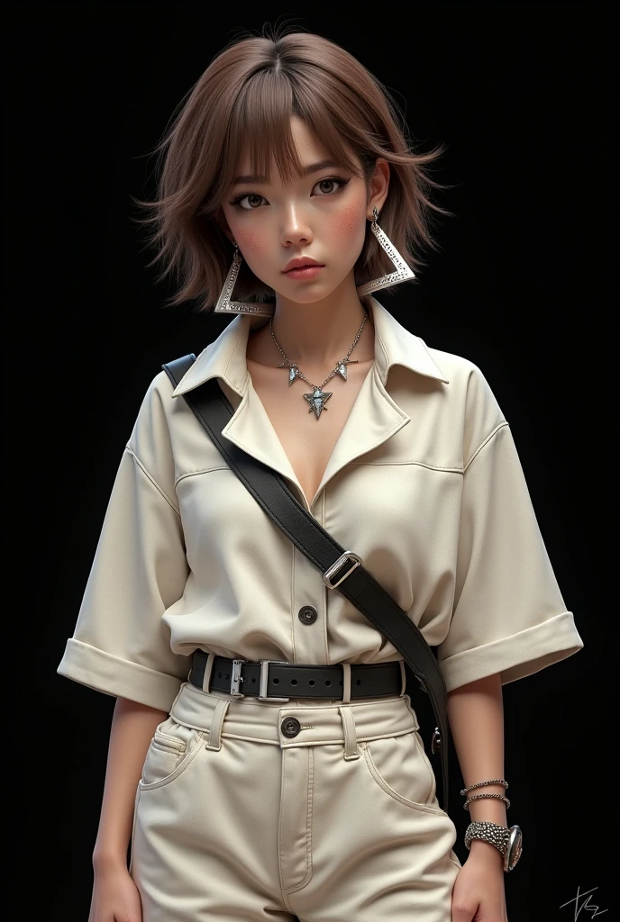 (masterpiece, best quality) <lora:epi_noiseoffset2:1> <lora:add_detail:0.7> <lora:QuarryKaitlyn:0.8>
QuarryKaitlyn, 1girl, solo, looking at viewer, short hair, brown hair, shirt, black hair, brown eyes, jewelry, closed mouth, standing, white shirt, short sleeves, earrings, collared shirt, belt, pants, bracelet, lips, depth of field, denim, wing collar, jeans, hoop earrings, realistic, arms at sides, brown belt