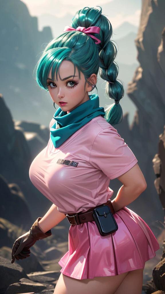 (realistic 1.5, 32k, RAW photo:1.1), (high detailed skin:1.1), 8k uhd, dslr, high quality, film grain, (makeup, mascara:1.1), lips,(thick\lips\), 
(shiny glossy translucent clothing:1.1), dragon ball Bulma, blmpony, aqua hair, hair ribbon, braided ponytail, pink shirt, belt, scarf, pink skirt, clothes writing, brown gloves,, big breast, 
(looking at viewer, Bend forward:1.1),(volumetric lighting:1.1),dark theme, veil of illusions, shimmering illusions, shifting reality, realm of tricksters