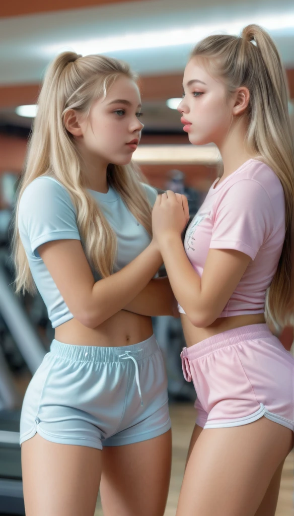 two beautiful preteens with big ass, long round blonde hair, detailed eyes, detailed lips, extremely detailed face, long eyelashes, with curvaceous figures, one of the  girls is wearing short pajama pants and a blouse and is kissing, with the other  girl is wearing tight spandex gym shorts Lulu clothes, both looking innocent yet sexy, best quality, 4k, 8k, high resolution, masterpiece, ultra detailed, realistic, photorealistic, photorealistic, high quality 3D render, cinematic lighting, warm color tones, ethereal, soft focus, toned and tanned round ass, they are at the local gym, unaware, ((oblivious)), candid, perverted viewer, secretly photographed, on an iPhone 12 pro.