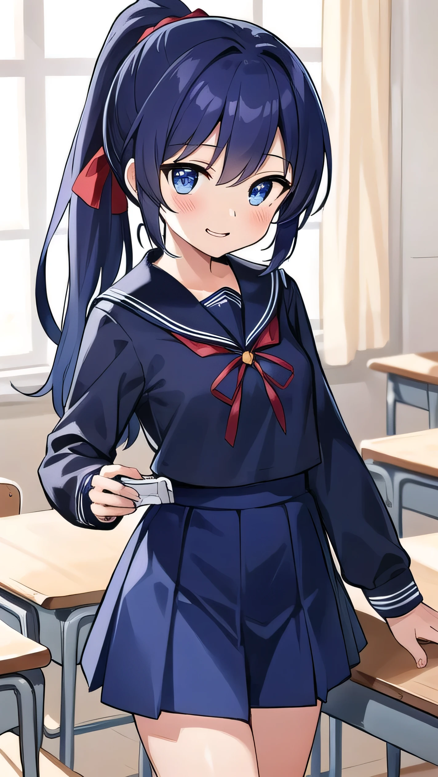 Blue-purple hair, dark blue eyes, long hair, ponytail, hairpin, ,small breasts,long-sleeved , classroom, middle school student, , short, round eyes, sparkling eyes, owns a mobile game console, confident, a little laughing