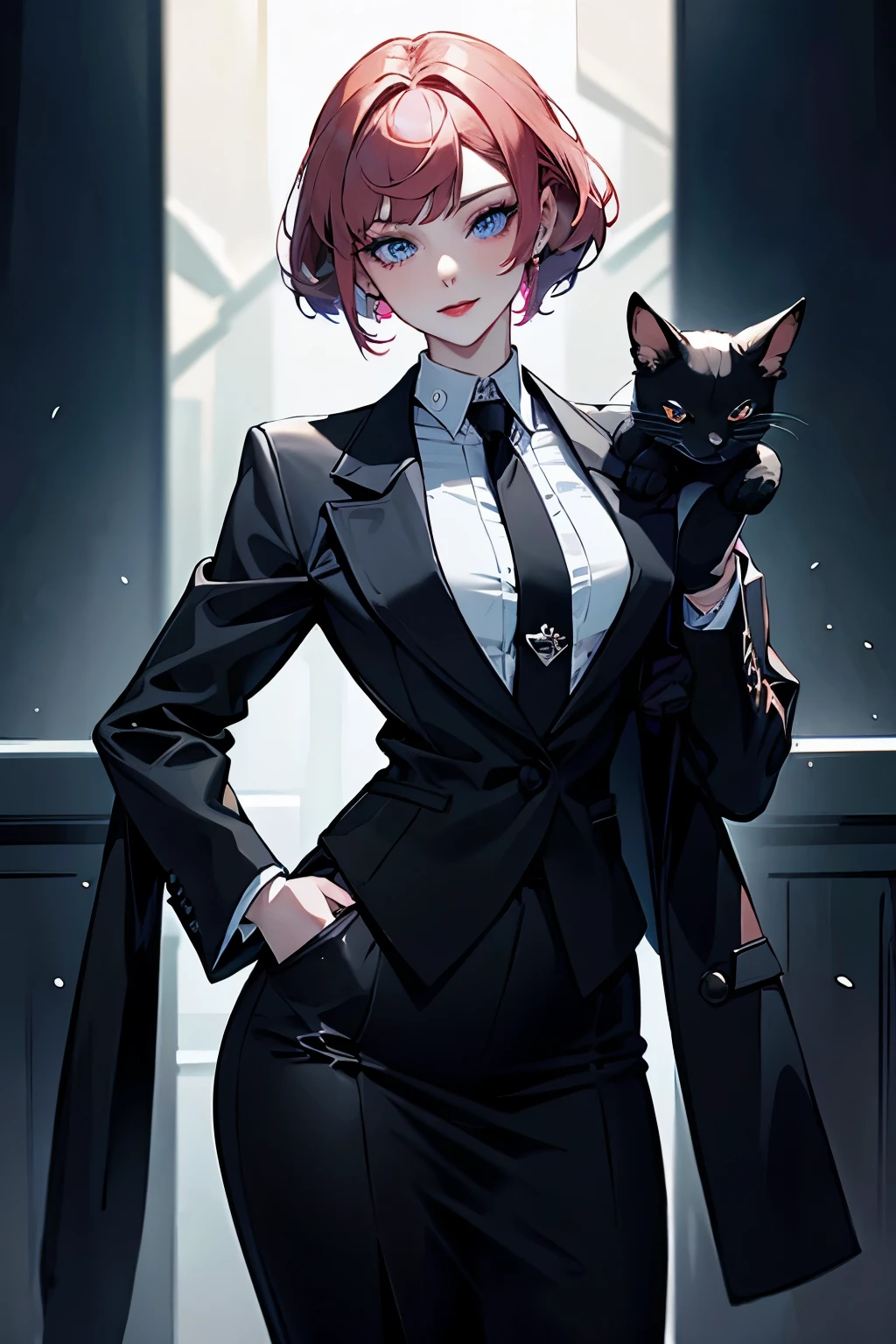 a Lady  is  standing at the hall accompany with a black cat. From front view. a 20-years-old official lady, a photorealistic cute girl, detailed noble face, European faces like a doll, heavily make-up faces with cruel smile, detailed blue eyes, dark bloody-red lip,Short-cut pink hair, upper body portrait, wearing black business suit, wearing tie on white shirt, wearing tight-fitting black skirt.