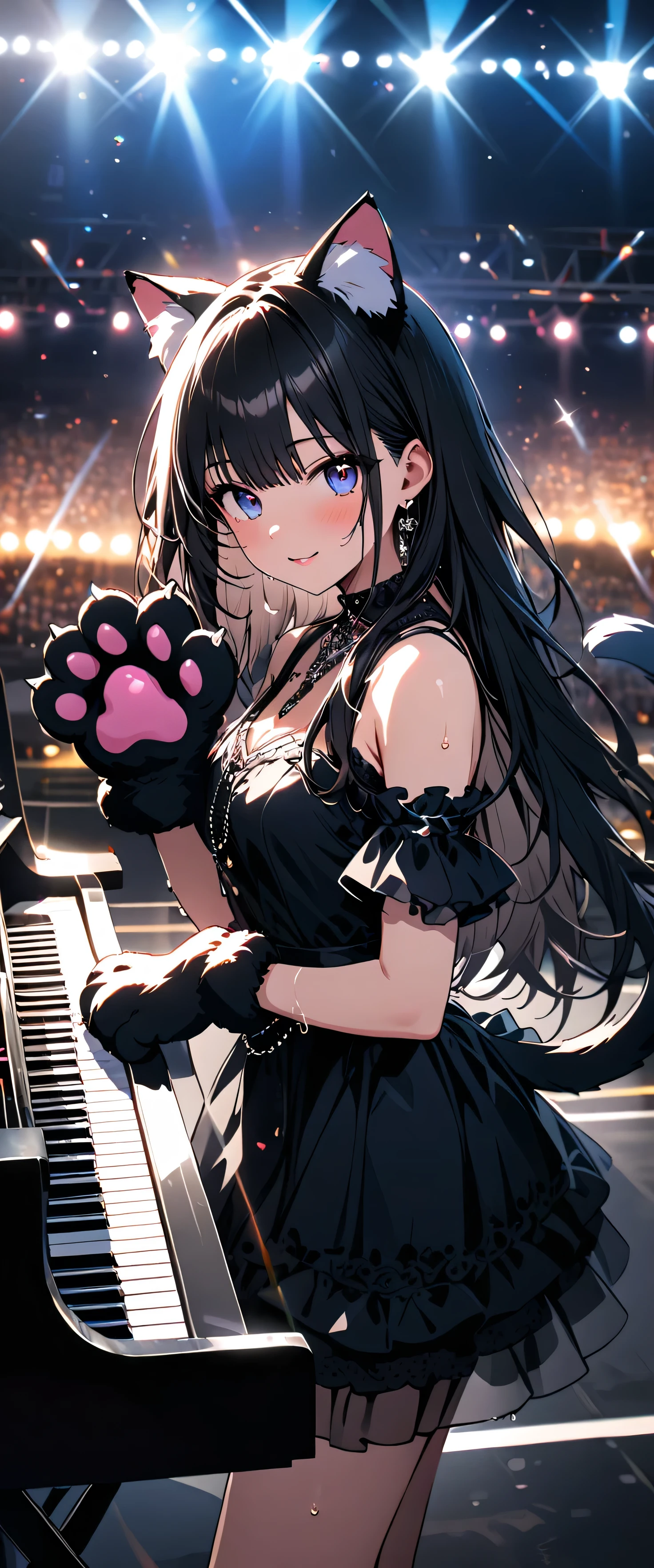 (beautiful girl: 1.3),1girl,masterpiece, Highest quality, Ultra-high resolution,rich contrast,super high quality,8k,Highly detailed CG unit wallpaper,texture,Incredibly absurd,Ultra-high resolution,RAW Photos,Depth of Field 1.2,(Black Hair,Straight Hair),Ultra-detailed eyes,Glowing Skin,wet,(((sweat))),Glitter effect,Beautiful glossy lips,Live Performance Venues,Super large stage,A light smile,(She is playing the piano happily),overlooking,magnificent panorama view,BLA4CKC4T,cat ears,animal ears,animal hands,tail