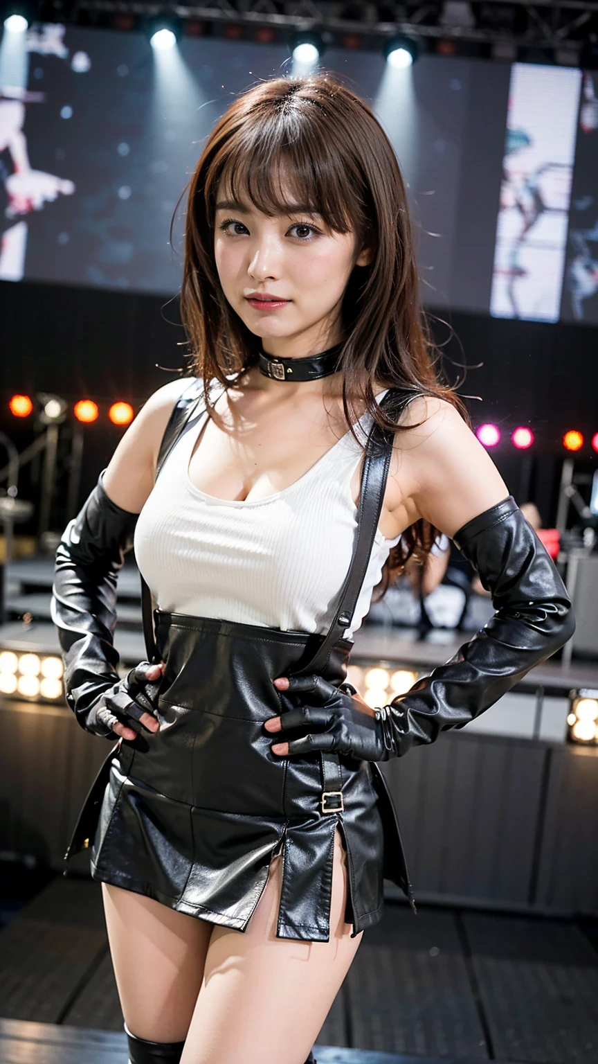 best quality,masterpiece,ultra high resolution,(In fact:1.4),original photo,ultra high resolution,8K,Gorgeous makeup with red eyeshadow,Big smile, shoulder length bob hair, Side wave style for delicate hair,Japanese Kabakura, miniskirt concert costume,halterneck minidress,girl idol,club, cabaret,Hold a wireless microphone in your hand,high waist,whole body,
