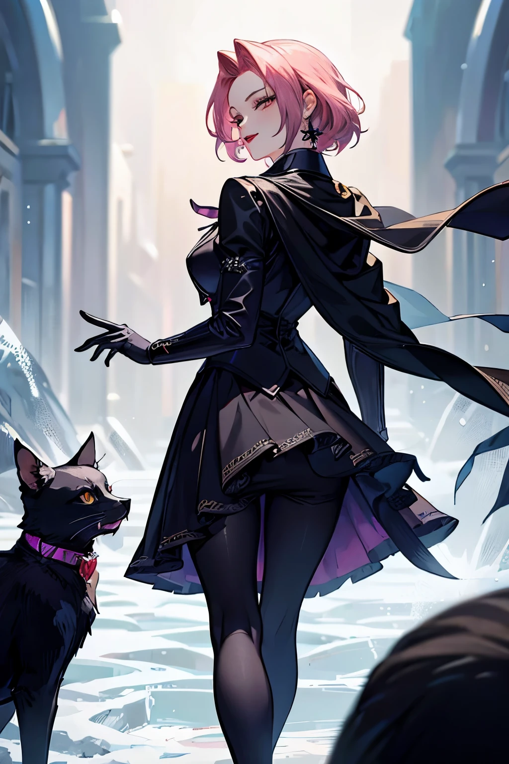 (highest quality:1.2), a 20-years-old official lady and a black cat are leaving from the large hall, many maids see her off. From back view, a photorealistic cute girl, detailed noble face, European faces like a doll, heavily make-up faces with cruel smile, bright eyes with heavy dark eyeshadow, dark bloody-red lip,Short-cut pink hair, upper body portrait above the knees, wearing business suits, wearing tie, wearing tight-skirt.