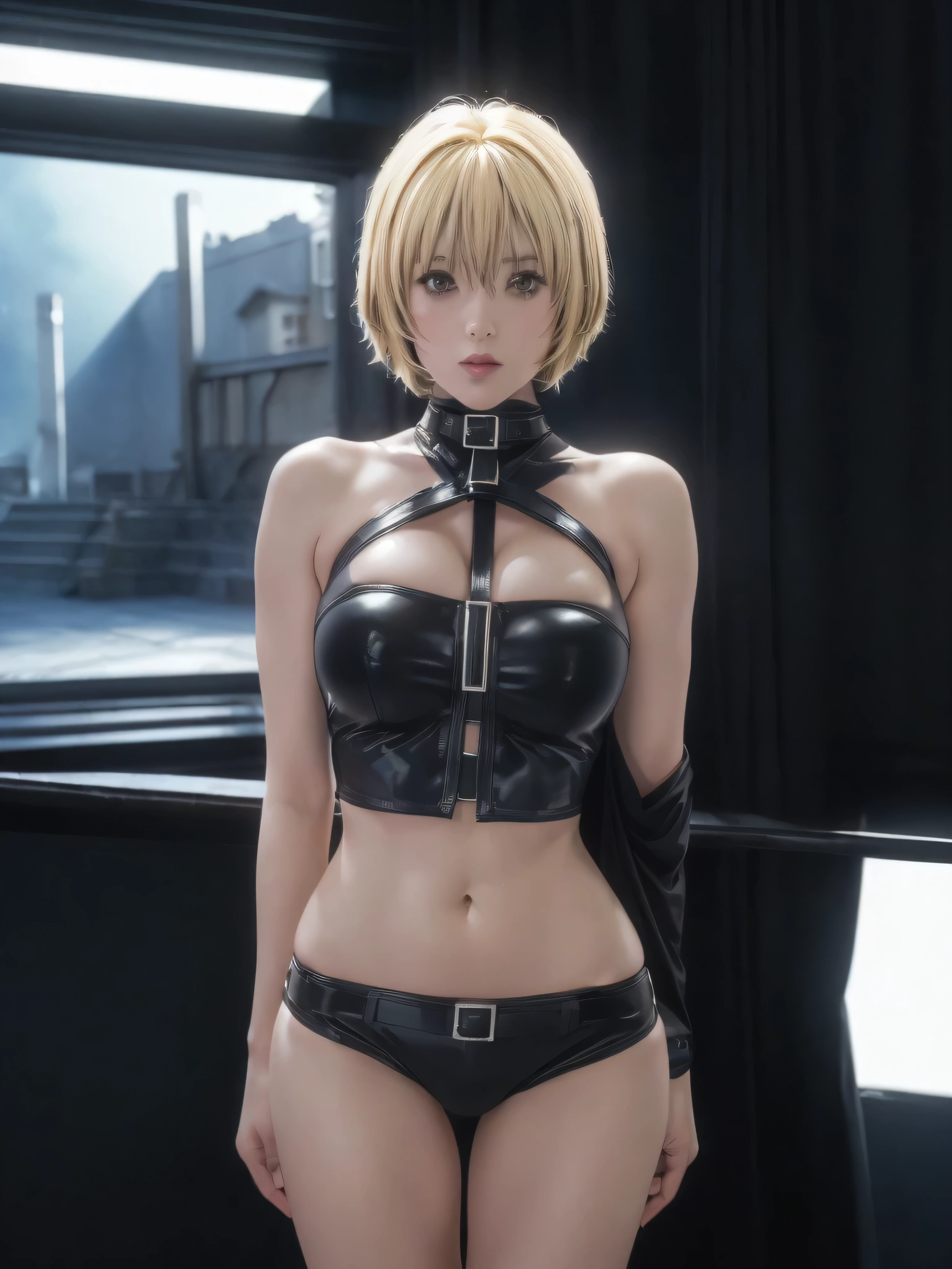 kurosaki mea、最high quality、high quality,, ((Masseter muscle area)), ((High resolution)), ((最high quality)), detailed, ((Glowing Skin)), ((huge 、Blonde、Short Bob))、(Shiny Black Bondage, Shiny black hot pants), Voluptuous bust, Exposed navel, Bowl-shaped big breasts, Full body image:1.4, (View from the front、Looking at the audience:1.5)、((background:Bright room:1.4))