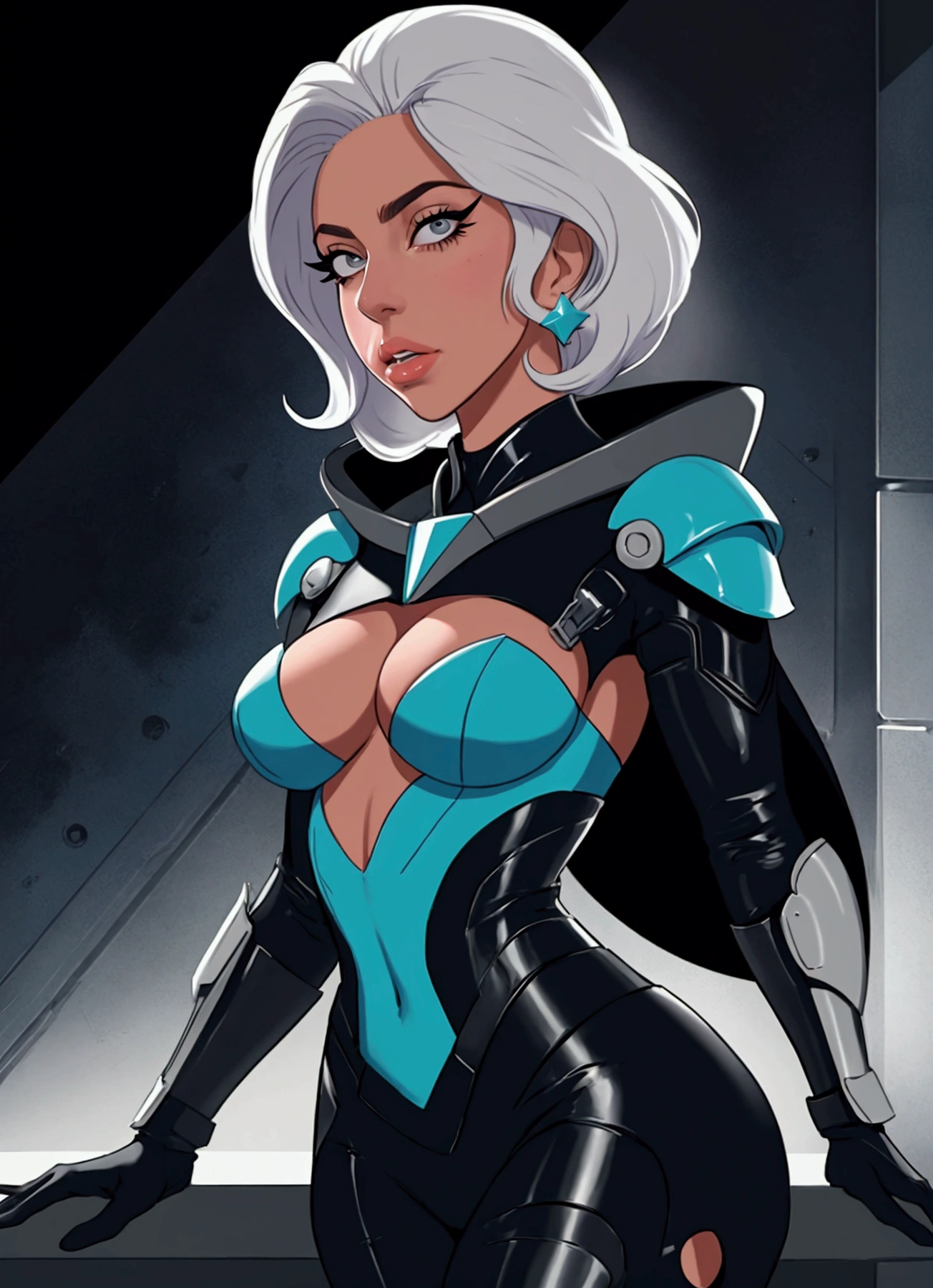 Generate an illustration of a mature Clair, gym leader of pokemon, ponytail, holding a poke all, de terno preto, long hair, hair flows straight down, darkblue hair, (gigantic breasts:1.4), blue outfit in anime format with a serious style, (black cape), blue tights, blue boots, gothic make up, masterpiece, ((dark lighting)), black background, puffy lips,slendered abs, beautiful face,