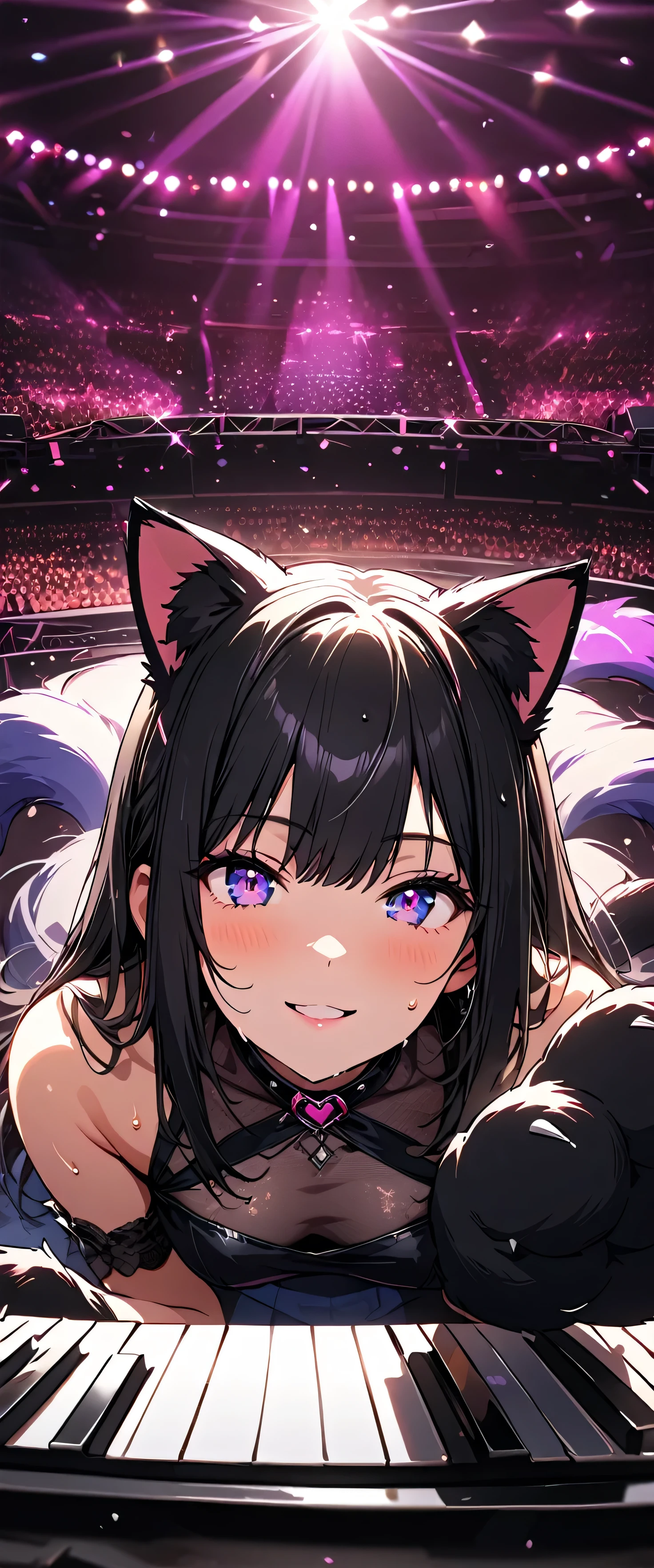 (beautiful girl: 1.3),1girl,masterpiece, Highest quality, Ultra-high resolution,rich contrast,super high quality,8k,Highly detailed CG unit wallpaper,texture,Incredibly absurd,Ultra-high resolution,RAW Photos,Depth of Field 1.2,(Black Hair,Straight Hair),Ultra-detailed eyes,Glowing Skin,wet,(((sweat))),Glitter effect,Beautiful glossy lips,Live Performance Venues,Super large stage,A light smile,(She is playing the piano happily),overlooking,magnificent panorama view,BLA4CKC4T,cat ears,animal ears,animal hands,tail