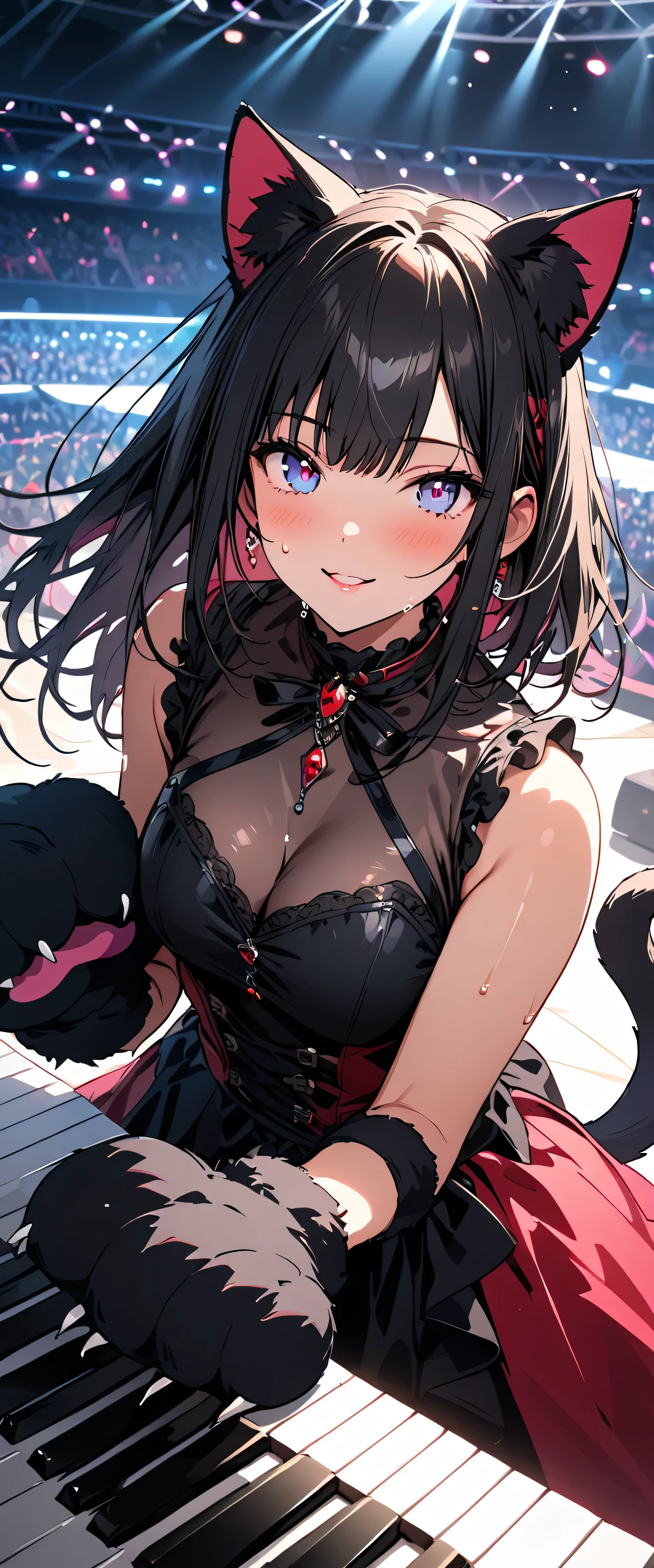 (beautiful girl: 1.3),1girl,masterpiece, Highest quality, Ultra-high resolution,rich contrast,super high quality,8k,Highly detailed CG unit wallpaper,texture,Incredibly absurd,Ultra-high resolution,RAW Photos,Depth of Field 1.2,(Black Hair,Straight Hair),Ultra-detailed eyes,Glowing Skin,wet,(((sweat))),Glitter effect,Beautiful glossy lips,Live Performance Venues,Super large stage,A light smile,(She is playing the piano happily),overlooking,magnificent panorama view,BLA4CKC4T,cat ears,animal ears,animal hands,tail