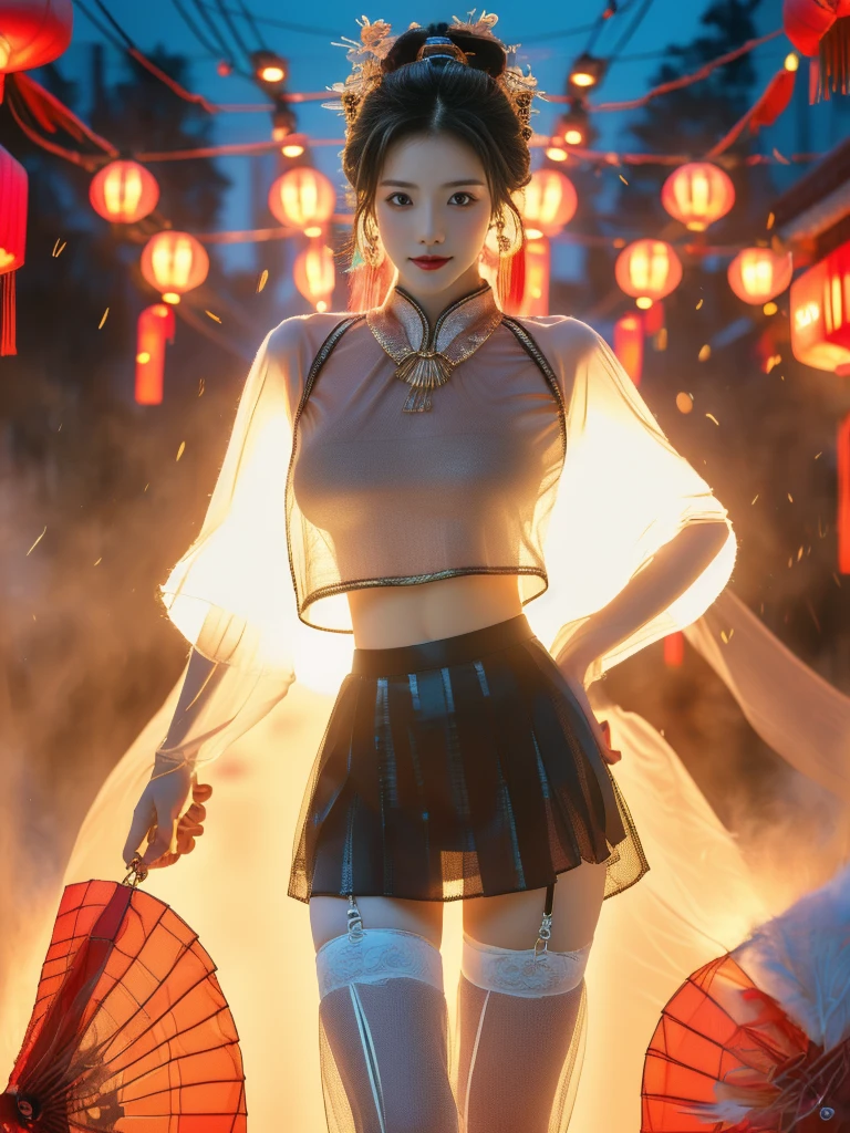 一个有着美丽脸庞的Sexy中国华裔女孩, Wearing revealing clothing, ((Light theme, Expose the subject))
(((Heavy rain, Future City Hot Springs, Spring Festival Decorations))),
((8K Ultra HD, 8K, Ultra-high resolution, Best quality, Super Fine, Clear focus. Masterpieces, complete pattern, Ultra HD, Detailed photos, Best image quality，Ultra-clear，Delicate facial features，Well-defined, Highly rated works, Close-up depth of field photography, Above the knee)), 
((Creating the image of a real girl), Realistic shadows, Soft lighting, Dynamic Angle, Dynamic poses, Elegant Posture, Cowboy lens, Full body front view, Be confident, Facing the camera, Eyes looking towards camera lens, Standing posture, Open your legs slightly, Golden Ratio Graphics, Minimalism, Center the character), 
( Smile, Sexy的, Balanced Eyes, Realistic eyes, Beautiful details of the eyes,Pretty Face, (Realistic face), Normal facial features, Realistic skin, Pay attention to skin details, Skin is clean and radiant, Whitening, Anatomically correct body, Golden ratio figure, Sexy的身材), 
(Perfect makeup, Gloves, earrings, bracelet, necklace, Jewelry, Hair accessories, shawl, sock, Knee socks, 吊garter, Leg ring, garter, 腿部garter), 
((beautiful hair), Dark black hair, Wavy curly hairstyle, Waist-length hair, Messy Hairstyle, Gradient hairstyles, Cyberpunk Hairstyle, High double ponytail hairstyle), 
((Transparent clothes: 1.5), (Revealing clothes: 1.5),  (Wet clothes:1.0), (Color of clothes: Dreamy pink), Wearing transparent clothing, (((Strap panties under mesh skirt))), (((mesh T-shirt)))), 
(Sexy的, Perfect breast shape, Teardrop chest shape, Snow-white breasts, Very detailed breasts, 36B cups), 
(Super high waist, Deep V, Low-cut, Sexy, Flattering, Open crotch, (Camel toe, High fork strangulation))