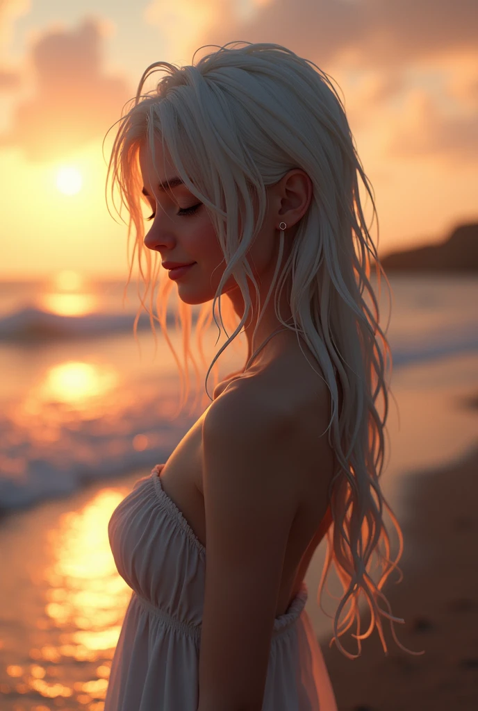 ((top-quality、8k,​masterpiece:1.3))、sharp focus:1.2、(Beautiful woman with perfect body shape:1.4),A slight smil,silber hair、 (abdominals:1.2),((huge-breasted:1.4))、(Sway Back Stance:1.3),kanzashi、(paint:1.1)、(piercings:1.3)、wine bottle、Beautiful sunset beach、Highly detailed facial and skin texture、A detailed eye、double eyelid、(Huge breasts:1.3),(BIG ASS),(thick thight:1.3),Open mouth and happy smile,（Brown skin tone:1.4),(skin tanned:1.4)、５Fingered hand、Perfect light、Climax face and ecstatic face,,Beautiful and sparkling sea、Sky
